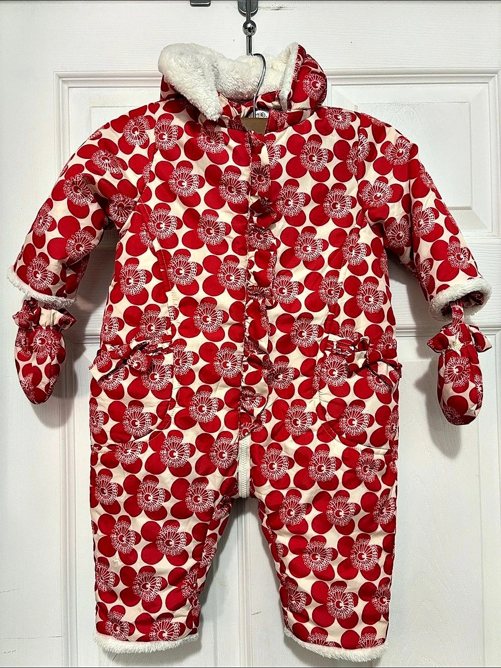 Lightweight Red and Cream Floral Snowsuit with Ruffle Front